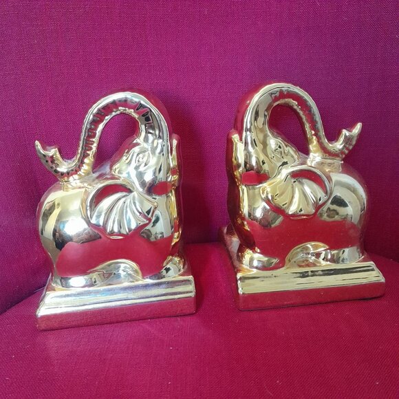 Gold Elephant Bookends Pair Ceramic 7" Tall - Picture 2 of 9
